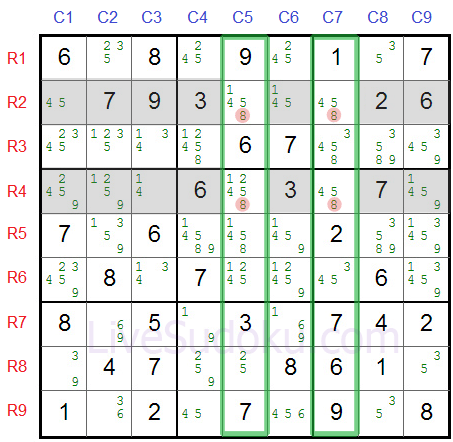 Sudoku rettangolo X wing Esempio