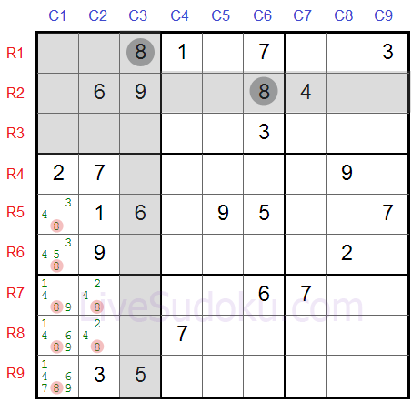 Sudoku Lukitut ehdokkaat tyyppi 1 - Toinen esimerkki