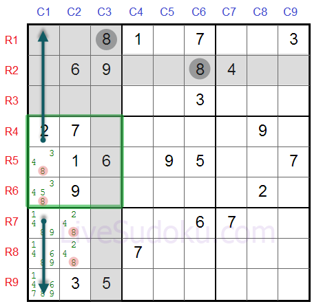 Sudoku Locked Candidates Type 1 - Zweites Beispiel
