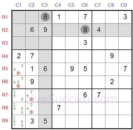 Candidatos bloqueados tipo 1 del Sudoku - Segundo ejemplo