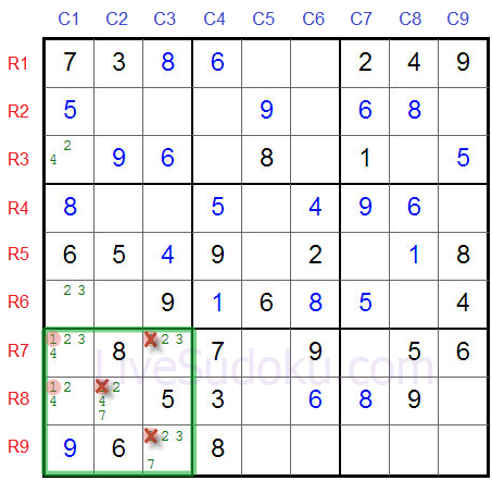 Candidatos bloqueados tipo 2 del Sudoku - Segundo ejemplo